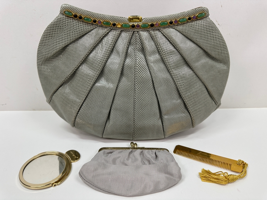 Vintage Judith Leiber Reptile Leather Handbag With Comb, Mirror And Change Purse Plus The Original Dust Bag And Original Judith Leiber Box [Photo 2]