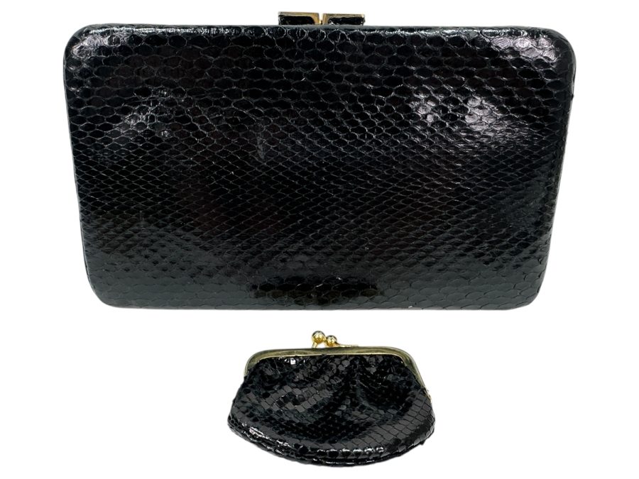 Vintage Judith Leiber Reptile Leather Clutch Handbag With Change Purse And Dust Bag