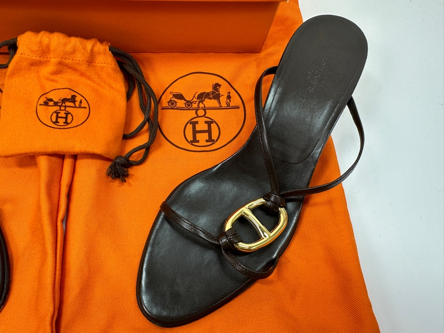 Hermes Kala Golden Dark Brown Sandals With Original Box Size 36 1/2 Made In Italy Estimate $350 [Photo 3]