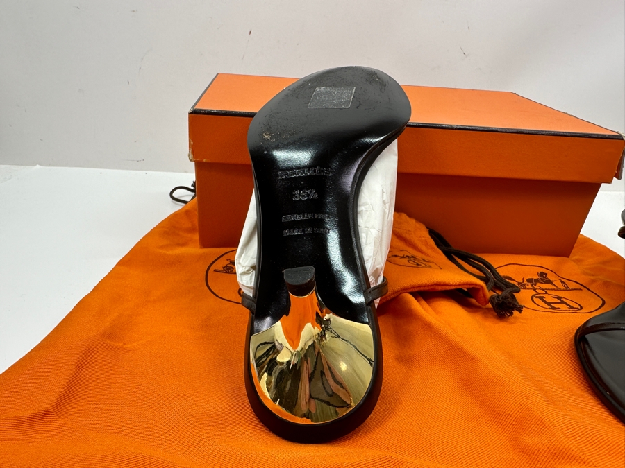 Hermes Kala Golden Dark Brown Sandals With Original Box Size 36 1/2 Made In Italy Estimate $350 [Photo 9]