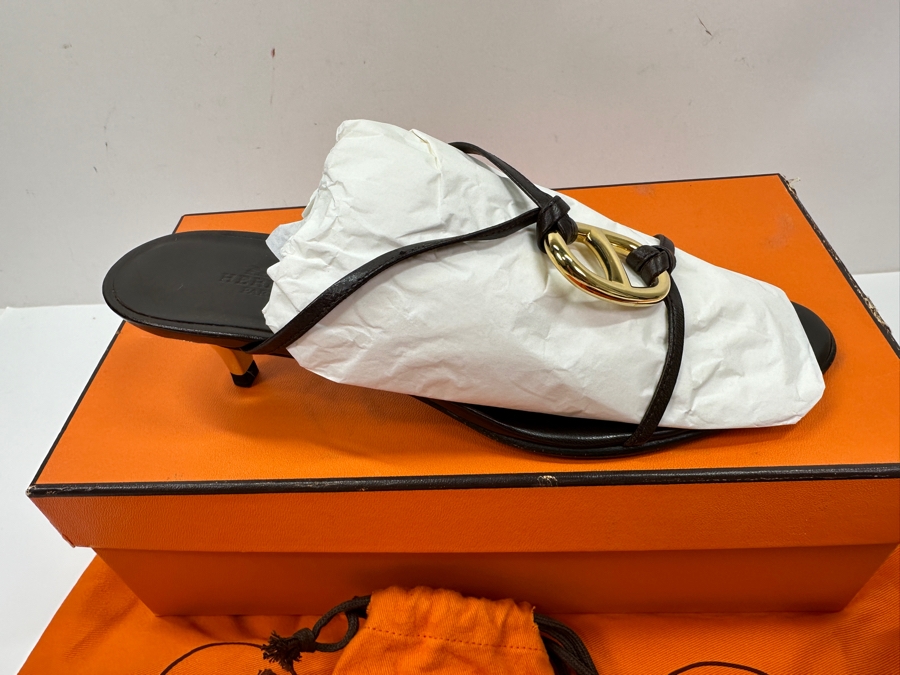 Hermes Kala Golden Dark Brown Sandals With Original Box Size 36 1/2 Made In Italy Estimate $350 [Photo 8]