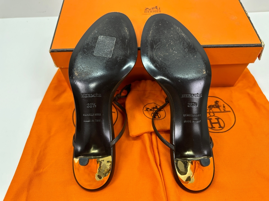 Hermes Kala Golden Dark Brown Sandals With Original Box Size 36 1/2 Made In Italy Estimate $350 [Photo 11]