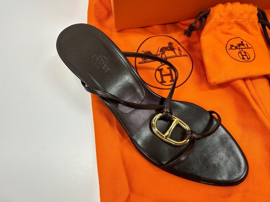 Hermes Kala Golden Dark Brown Sandals With Original Box Size 36 1/2 Made In Italy Estimate $350 [Photo 2]