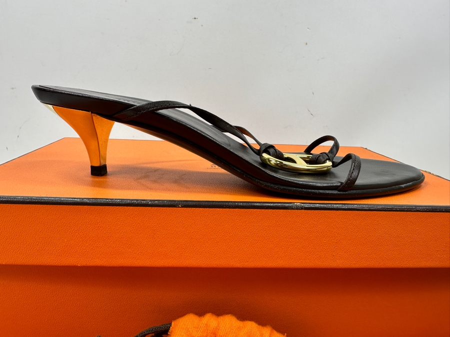 Hermes Kala Golden Dark Brown Sandals With Original Box Size 36 1/2 Made In Italy Estimate $350 [Photo 6]