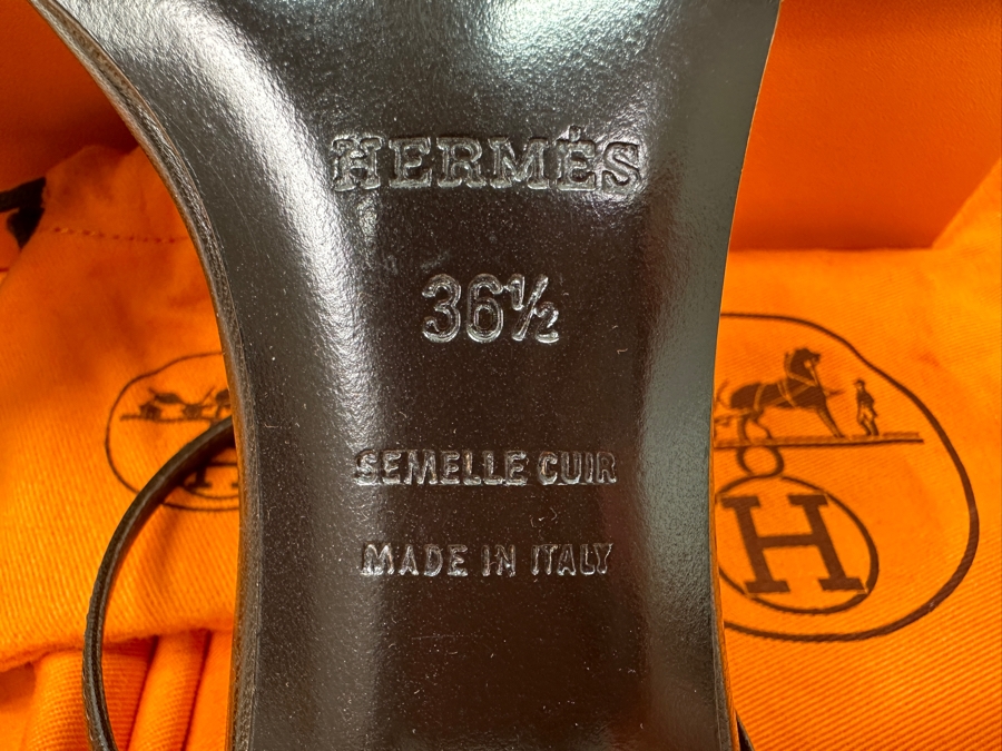 Hermes Kala Golden Dark Brown Sandals With Original Box Size 36 1/2 Made In Italy Estimate $350 [Photo 12]