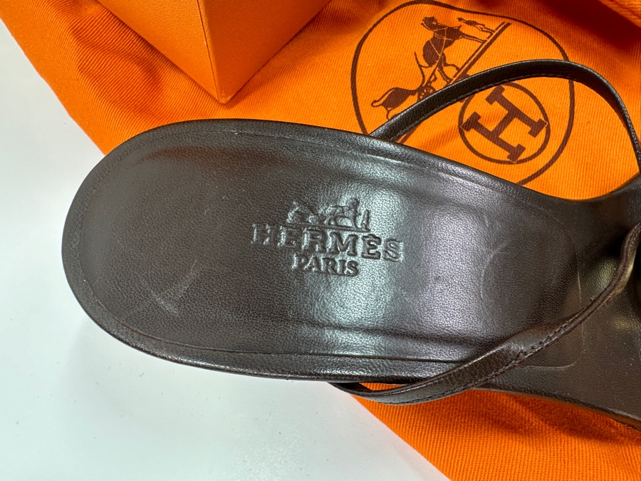 Hermes Kala Golden Dark Brown Sandals With Original Box Size 36 1/2 Made In Italy Estimate $350 [Photo 4]