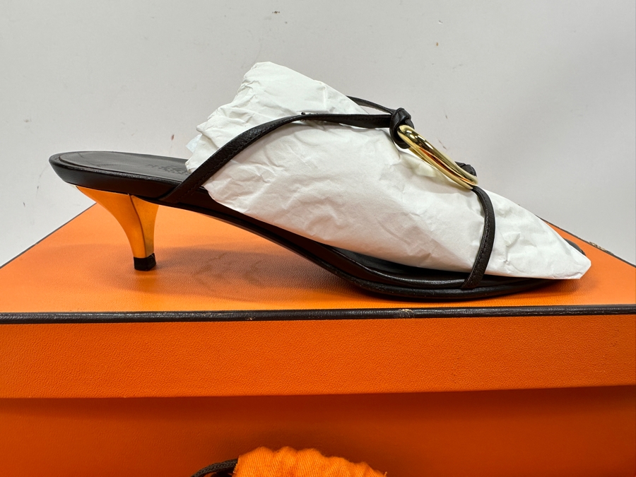 Hermes Kala Golden Dark Brown Sandals With Original Box Size 36 1/2 Made In Italy Estimate $350 [Photo 7]