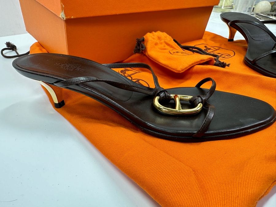 Hermes Kala Golden Dark Brown Sandals With Original Box Size 36 1/2 Made In Italy Estimate $350 [Photo 5]