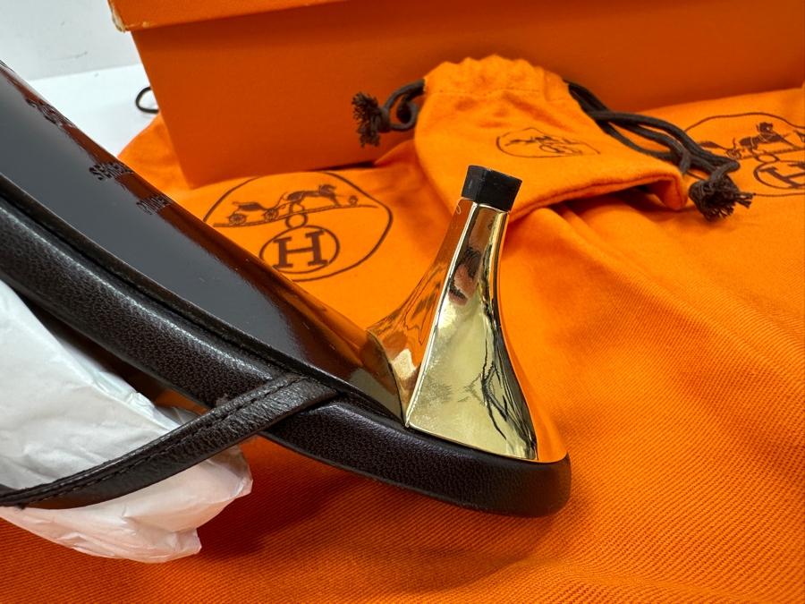 Hermes Kala Golden Dark Brown Sandals With Original Box Size 36 1/2 Made In Italy Estimate $350 [Photo 10]