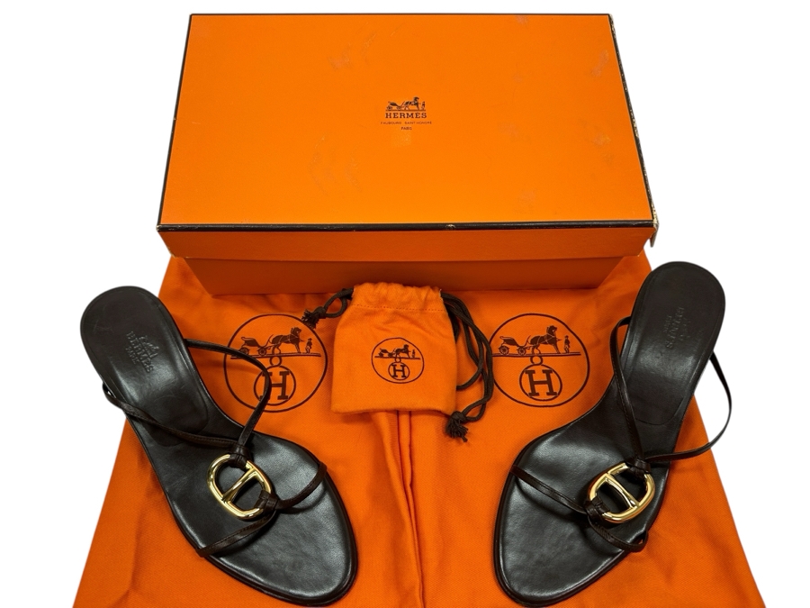Hermes Kala Golden Dark Brown Sandals With Original Box Size 36 1/2 Made In Italy Estimate $350