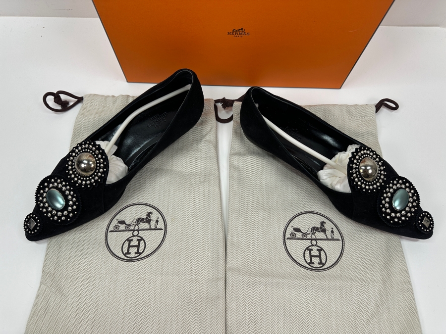 Hermes Suede Studded Ballet Flats Shoes With The Original Box Made In Italy Size 37 Estimate $600 [Photo 5]