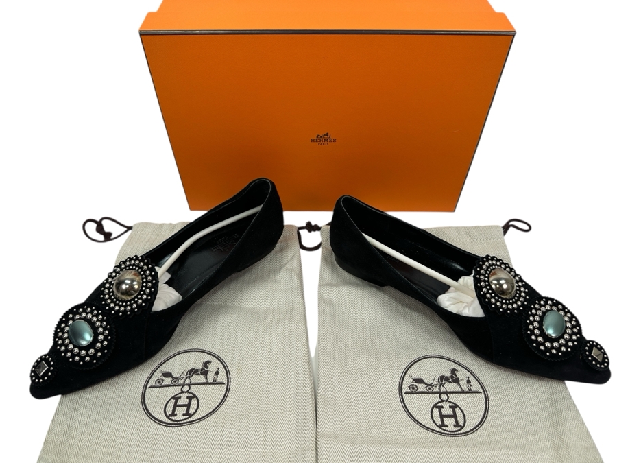 Hermes Suede Studded Ballet Flats Shoes With The Original Box Made In Italy Size 37 Estimate $600