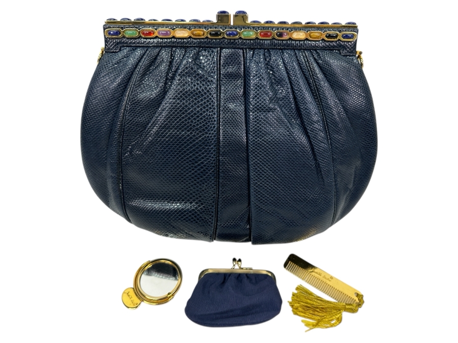 Vintage Judith Leiber Reptile Leather Handbag With Comb, Mirror And Change Purse Plus The Original Dust Bag