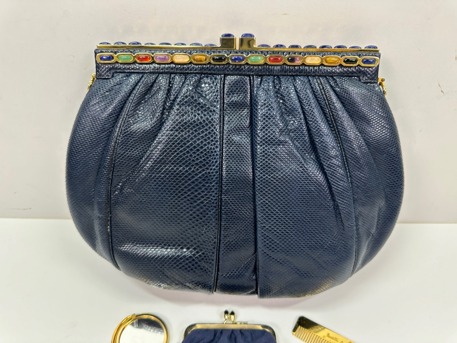 Vintage Judith Leiber Reptile Leather Handbag With Comb, Mirror And Change Purse Plus The Original Dust Bag [Photo 3]