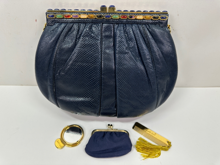 Vintage Judith Leiber Reptile Leather Handbag With Comb, Mirror And Change Purse Plus The Original Dust Bag [Photo 2]