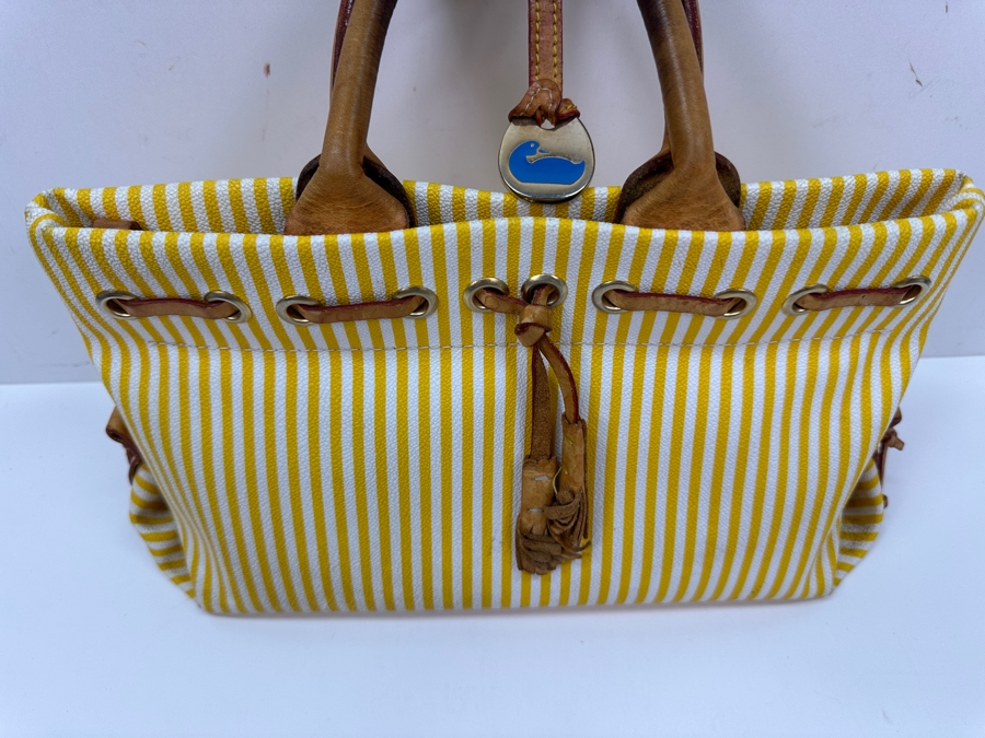 Vintage Dooney & Bourke Yellow And White Striped Tassel Tote Handbag Estimate $80 [Photo 4]