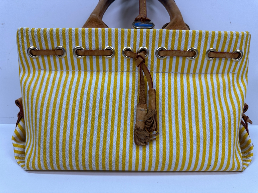 Vintage Dooney & Bourke Yellow And White Striped Tassel Tote Handbag Estimate $80 [Photo 3]