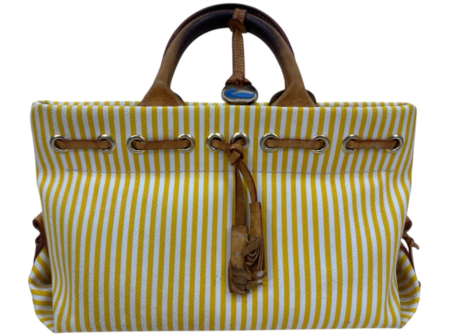 Vintage Dooney & Bourke Yellow And White Striped Tassel Tote Handbag Estimate $80