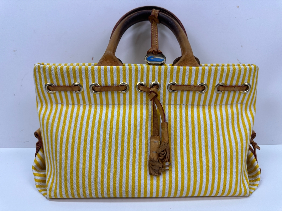 Vintage Dooney & Bourke Yellow And White Striped Tassel Tote Handbag Estimate $80 [Photo 2]