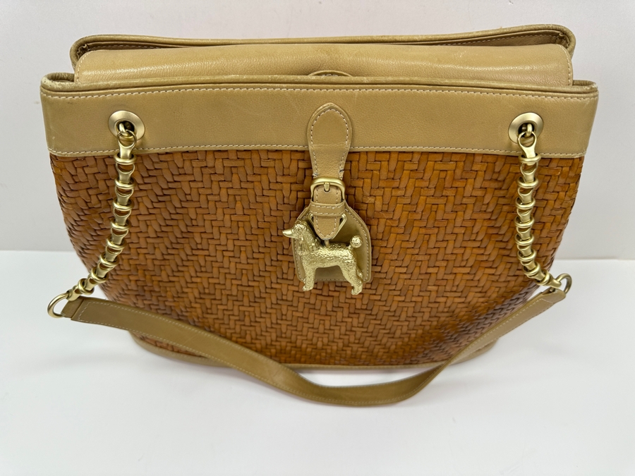 Vintage 1991 Barry Kieselstein-Cord Woven Leather Shoulder Handbag With Poodle Charm And Original Dust Bag Estimate $900 [Photo 5]