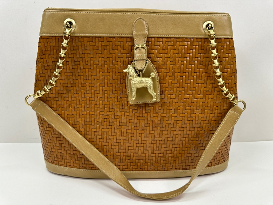 Vintage 1991 Barry Kieselstein-Cord Woven Leather Shoulder Handbag With Poodle Charm And Original Dust Bag Estimate $900 [Photo 2]