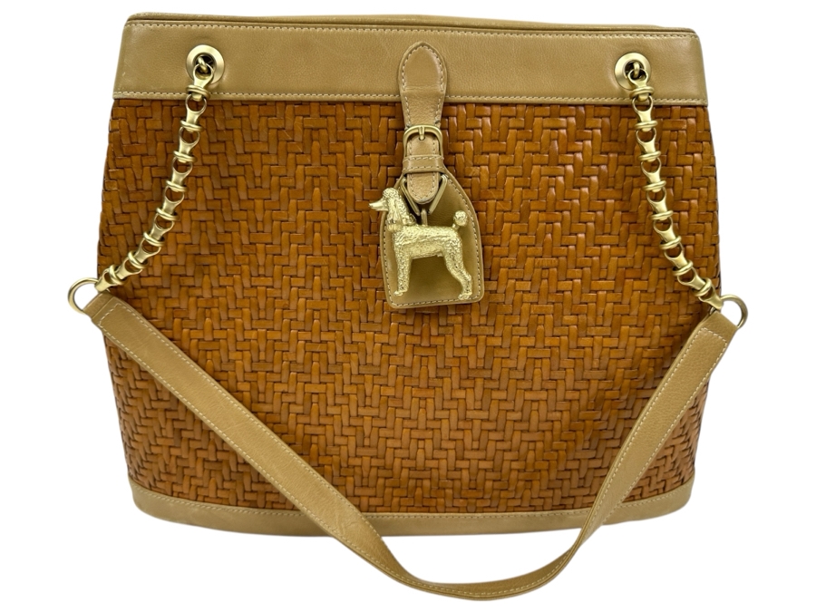 Vintage 1991 Barry Kieselstein-Cord Woven Leather Shoulder Handbag With Poodle Charm And Original Dust Bag Estimate $900