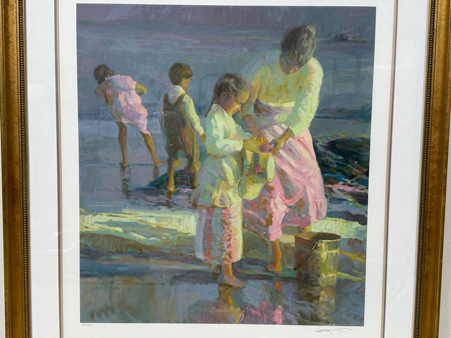 Just Added - Don Hatfield Limited Edition Artist Signed Serigraph Titled “Playing At The Shore” Artist Proof Numbered AP 4 Of 85 25 X 27.5 Framed 37.5 X 40 [Photo 4]