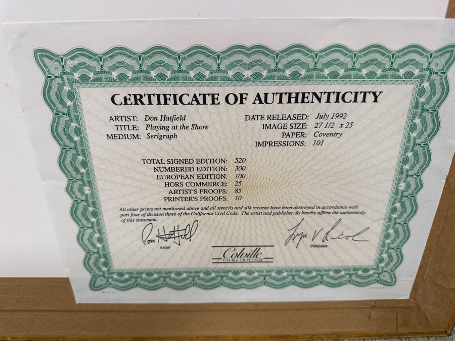 Just Added - Don Hatfield Limited Edition Artist Signed Serigraph Titled “Playing At The Shore” Artist Proof Numbered AP 4 Of 85 25 X 27.5 Framed 37.5 X 40 [Photo 13]