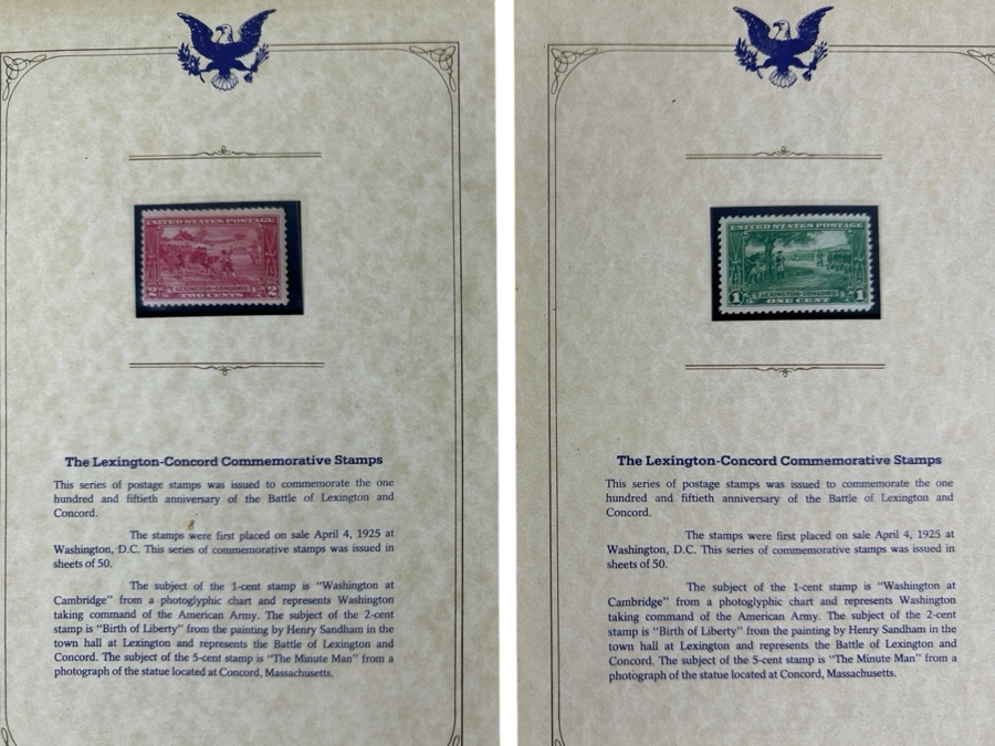Just Added - Pair Of Mint United States 1925 Lexington-Concord Commemorative Postage Stamps: One Cent Stamp And Two Cent Stamp