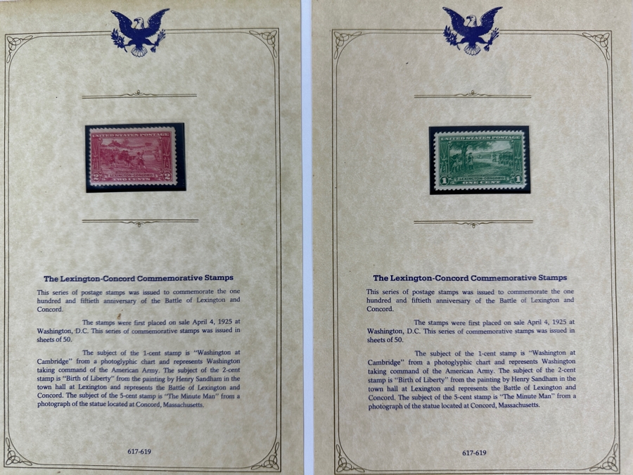 Just Added - Pair Of Mint United States 1925 Lexington-Concord Commemorative Postage Stamps: One Cent Stamp And Two Cent Stamp [Photo 2]
