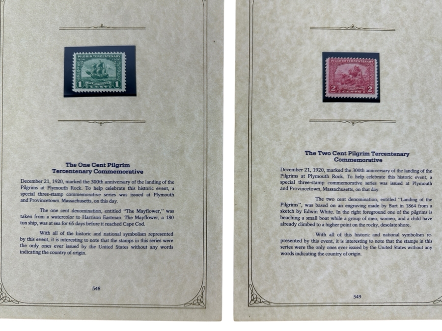 Just Added - Pair Of Mint United States Postage Stamps: 1920 One Cent Pilgrim Tercentenary Commemorative Stamp The Mayflower And Two Cent Pilgrim Tercentenary Commemorative Stamp Landing Of The Pilgrims