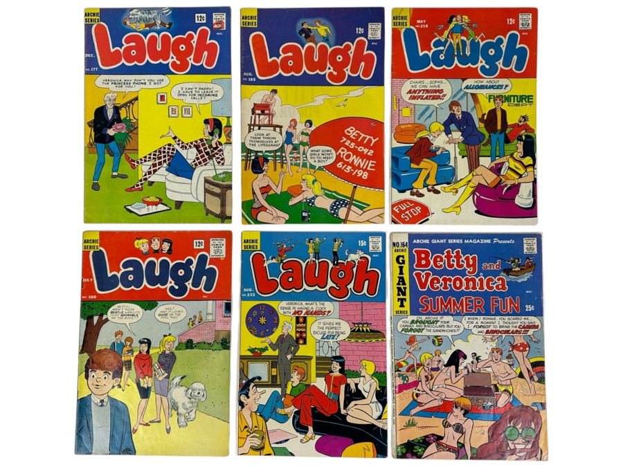 Just Added - (5) Vintage 1960s/70s Archie Series Laugh 12cent/15cent Comic Books: 1965 #177, #185, #218, 1964 #160, #233 And 1969 Betty And Veronica Summer Fun Giant Comic Book #164