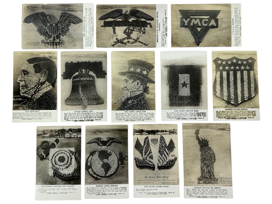 Just Added - (12) Antique Arthur Mole (1889-1983) & John Thomas (Died 1947) US Military Patriotic Images Real Photo Postcards Using Thousands Of Soldiers To Create Patterns And Patriotic Images Called “Living Photographs” Postcards Estimate $1,000-$1,500