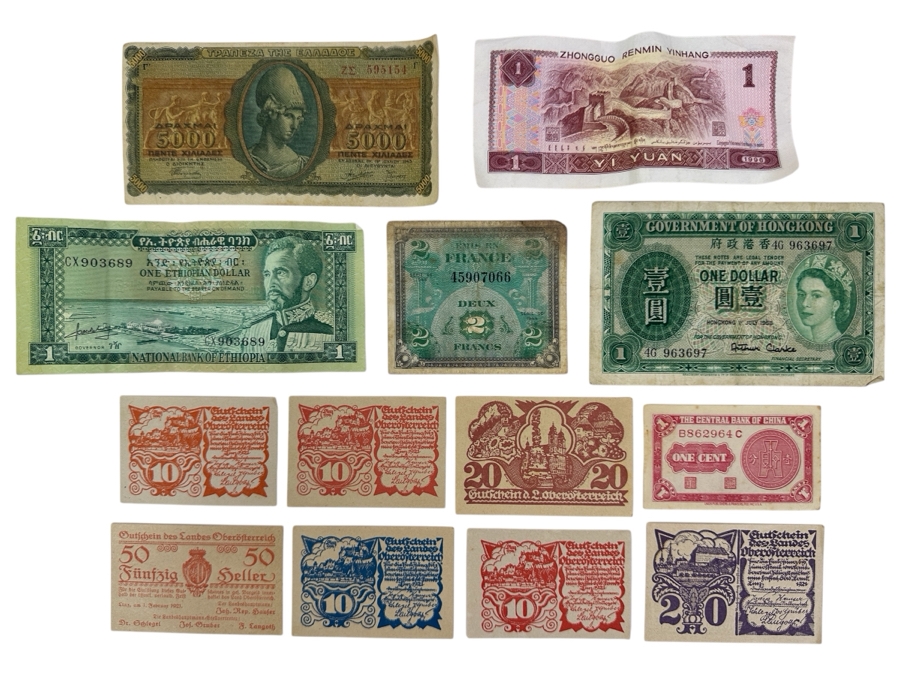 Just Added - (13) Foreign Currency From China, Greece, France, Germany, Hong Kong & Ethiopia