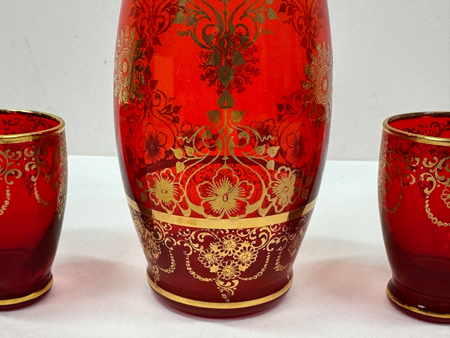 Just Added - Vintage Italian Murano Glass Decanter 11.5H Set With Six Matching Glasses 2.75H Featuring A Ruby Red Color With Hand-Painted Gold Floral And Scroll Patterns [Photo 3]