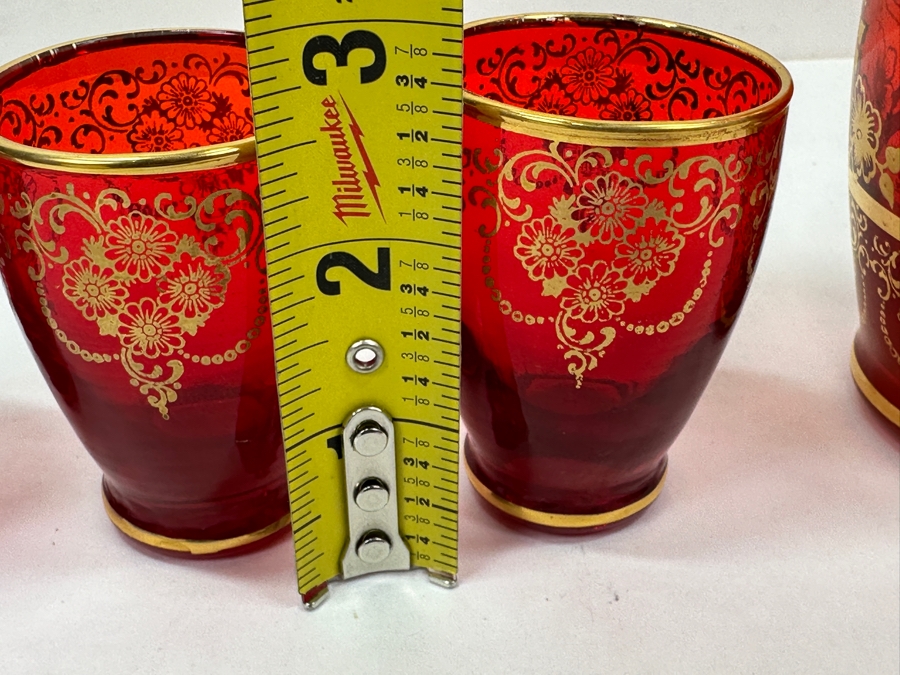 Just Added - Vintage Italian Murano Glass Decanter 11.5H Set With Six Matching Glasses 2.75H Featuring A Ruby Red Color With Hand-Painted Gold Floral And Scroll Patterns [Photo 7]