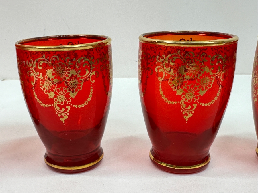 Just Added - Vintage Italian Murano Glass Decanter 11.5H Set With Six Matching Glasses 2.75H Featuring A Ruby Red Color With Hand-Painted Gold Floral And Scroll Patterns [Photo 2]