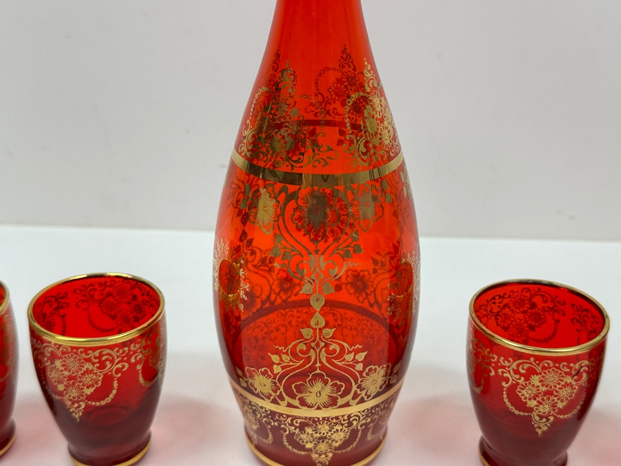 Just Added - Vintage Italian Murano Glass Decanter 11.5H Set With Six Matching Glasses 2.75H Featuring A Ruby Red Color With Hand-Painted Gold Floral And Scroll Patterns [Photo 4]