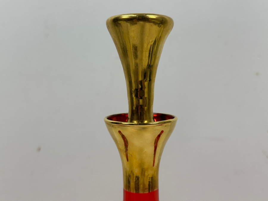 Just Added - Vintage Italian Murano Glass Decanter 11.5H Set With Six Matching Glasses 2.75H Featuring A Ruby Red Color With Hand-Painted Gold Floral And Scroll Patterns [Photo 5]