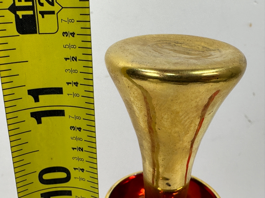 Just Added - Vintage Italian Murano Glass Decanter 11.5H Set With Six Matching Glasses 2.75H Featuring A Ruby Red Color With Hand-Painted Gold Floral And Scroll Patterns [Photo 6]