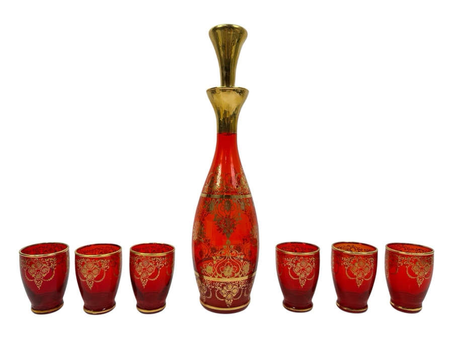 Just Added - Vintage Italian Murano Glass Decanter 11.5H Set With Six Matching Glasses 2.75H Featuring A Ruby Red Color With Hand-Painted Gold Floral And Scroll Patterns