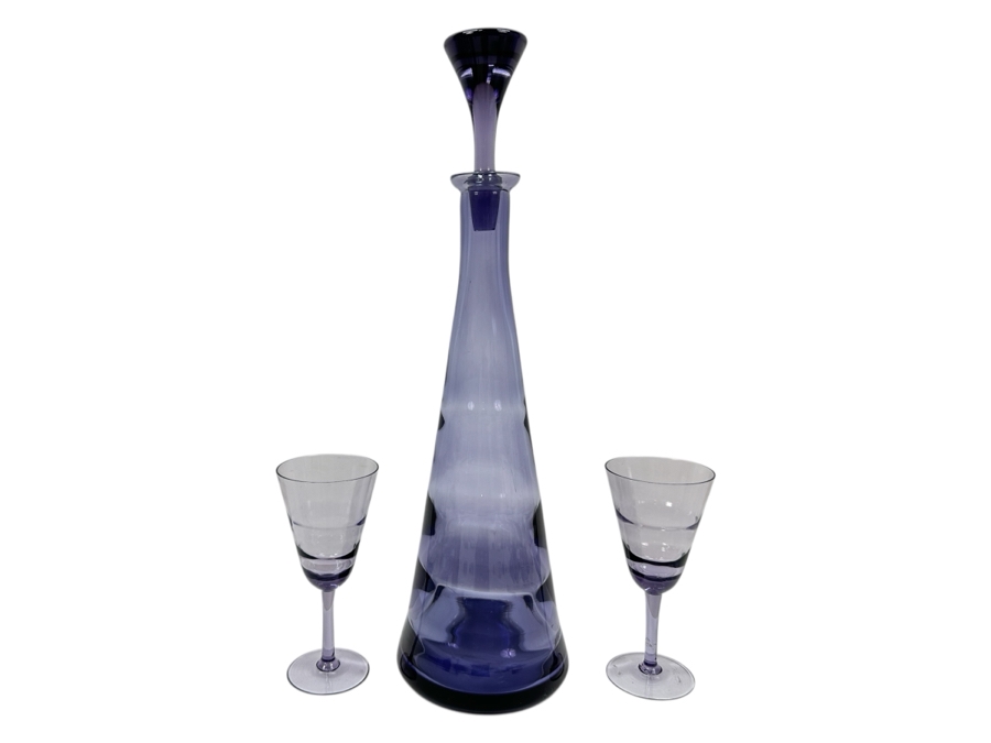 Just Added - Purple Amethyst Glass Decanter With Stopper 16H And Matching Stemware Glasses 6H