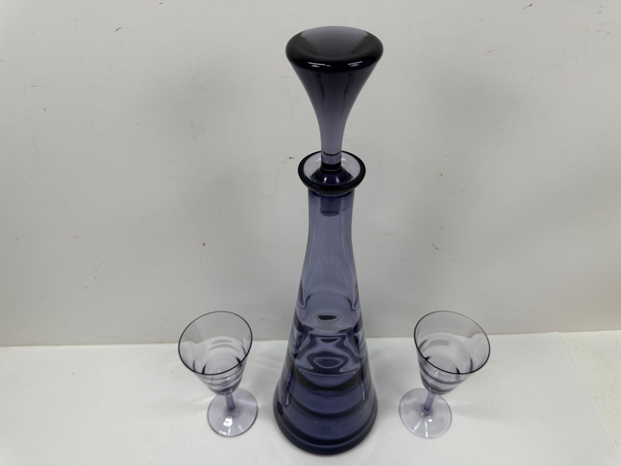 Just Added - Purple Amethyst Glass Decanter With Stopper 16H And Matching Stemware Glasses 6H [Photo 3]