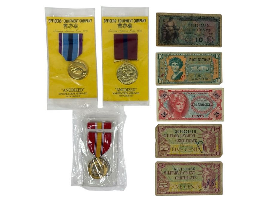 Just Added - (3) New Old Stock Military Medals And (5) Vintage Military Payment Certificates