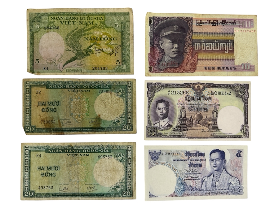 Just Added - (6) Paper Currency From Vietnam, Burma & Thailand