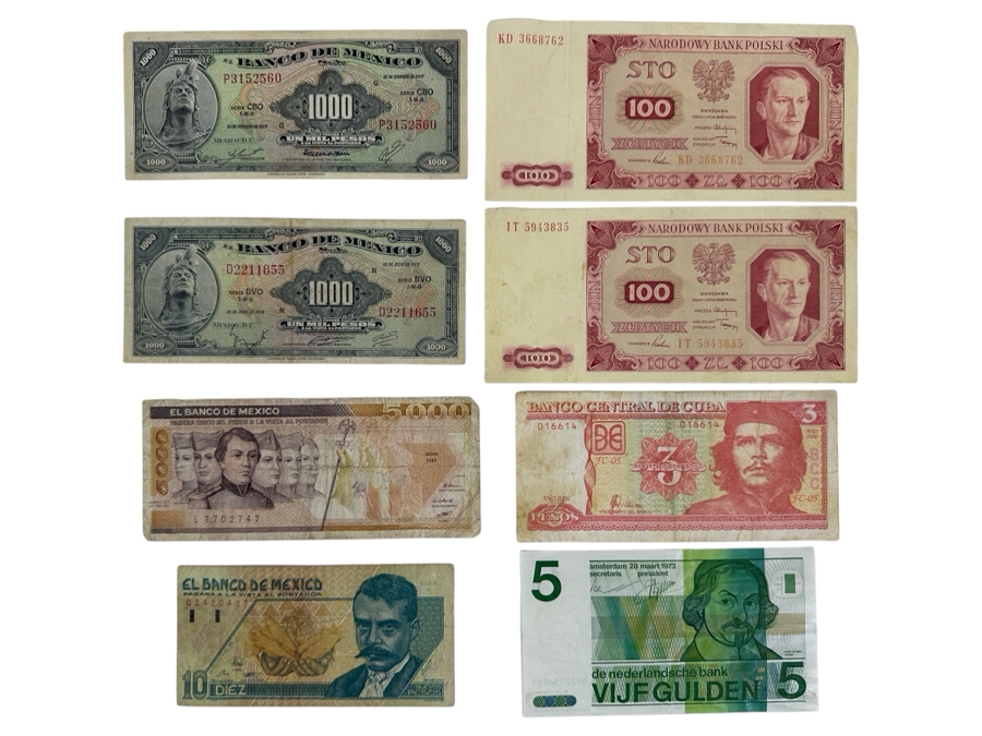 Just Added - (8) Paper Currency From Mexico, Poland, Cuba & Netherlands