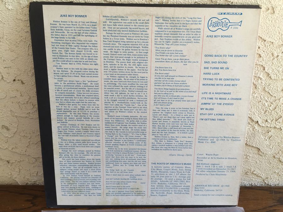 Juke Boy Bonner ‎- I'm Going Back To The Country Where They Don't Burn The Buildings Down - Arhoolie Records ‎- F1036 [Photo 2]