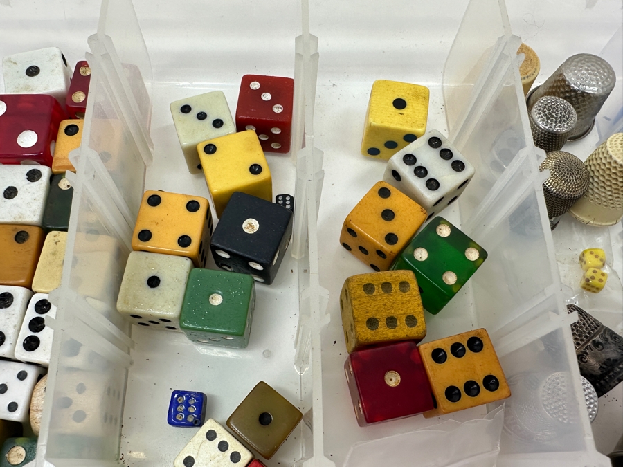Just Added - Collection Of Vintage Dice, Monopoly Game Pieces, Thimbles, Wooden Nickel & More - See Photos [Photo 3]