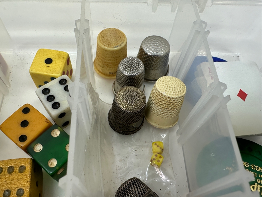 Just Added - Collection Of Vintage Dice, Monopoly Game Pieces, Thimbles, Wooden Nickel & More - See Photos [Photo 2]