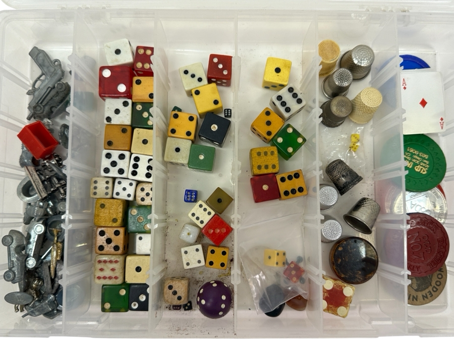 Just Added - Collection Of Vintage Dice, Monopoly Game Pieces, Thimbles, Wooden Nickel & More - See Photos
